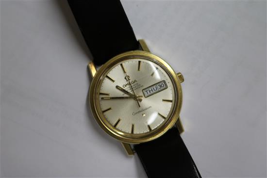 A gentlemans 1960s? steel and gold plated Omega Constellation automatic wrist watch.